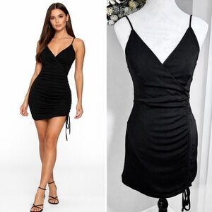 MABLE Black Side Ruched Self-Tie Strappy Knit BodyCon Mini LBD Dress Sz S💛